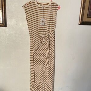 Chic Striped Tan and White Midi Dress